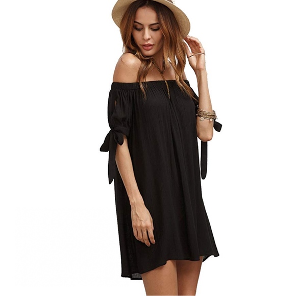Women's Off The Shoulder Tie Cuff Shift Dress - Picture 4 of 5